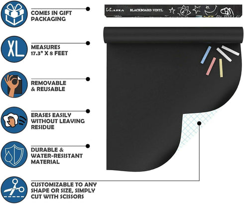 Kassa X-Large Chalkboard Wallpaper - Clear, 1.4ft x 8ft Adhesive Paper Roll, Includes 3 Markers & Eraser Cloth