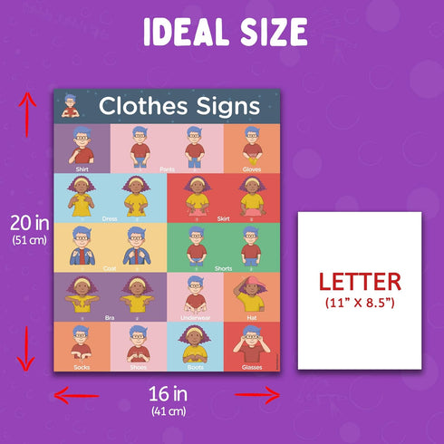 Sign Language Posters for Classroom - 3 Pack ASL Charts for Kids: Family, Clothes, and Animals, 16x20 inches, Dry