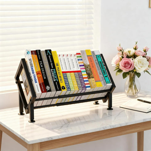 Expandable Desktop Bookshelf Organizer, Metal Office Tabletop Book Storage Rack, Large Tilting Bookcase