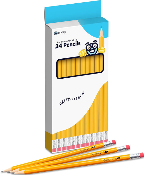 Enday Presharpened #2 Pencils, 24 Count, Wood-Cased Yellow Pencils with Latex-Free Eraser for School Supplies
