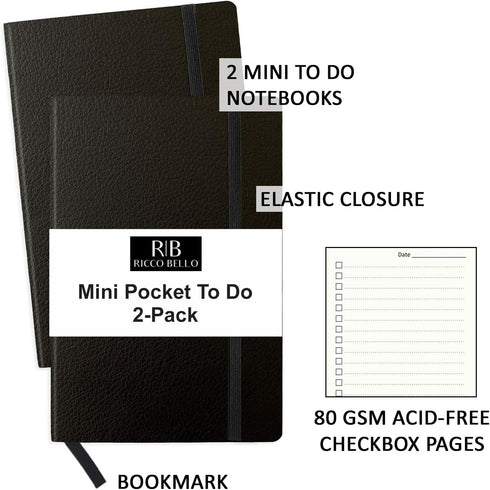 RICCO BELLO Mini Pocket To Do List Notebook, 2-Pack, Soft Faux Leather Cover, Undated, 3.75 x 5.6 inches, Black
