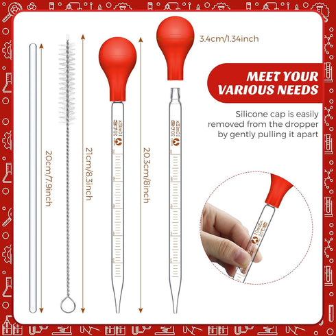 Weewooday Glass Droppers Pipettes Graduated Lab Dropper Glass Liquid Pipette with Big Rubber Hats 20 cm Glass Stir Rod Washing Brush Transfer for Liquid Essential Oil(Red, 10 ml, 8 Pieces)