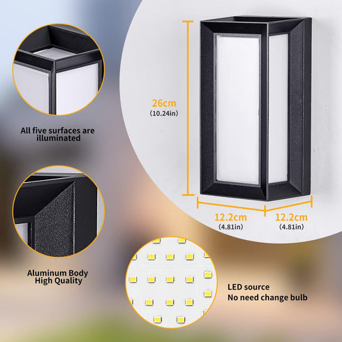 18W 3000K IP64 (1 Pack) LANFU LED Modern Rectangular Outdoor Wall Sconce Outside Light for House Patio, Black with Full