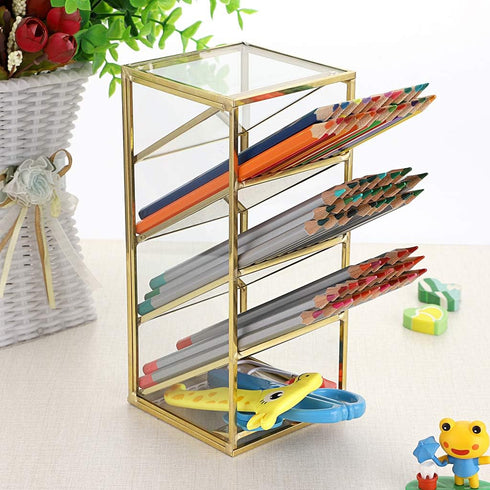Hipiwe (4 Vintage Gold Metal Desk Organizer - Glass Make up Brushes lipstick Holder Dresser Organizer Pen Pencil