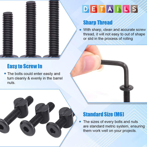 Glarks 120Pcs M6x15/20/25/30/35mm Black Hex Socket Cap Bolt Screws and Barrel Nut Assortment Kit with a Allen Wrench