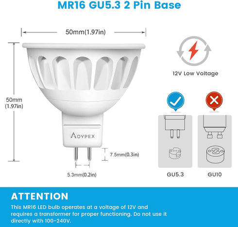 MR16 LED Bulb 6 Pack, 12V 5W (50W Halogen Replacement), 2700K Warm White, GU5.3 Bi-Pin Base for Landscape Lighting
