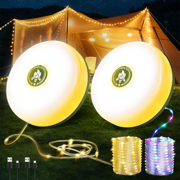 Wellgium 2-Pack Camping String Lights | Rechargeable 4 in 1 Quick Storage 32.8FT