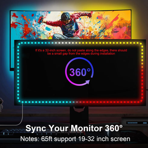 6.5ft 19-32 Inch Immersive Monitor Backlight for Win PC - Gaming Light Strip with Upgraded Software (Required), LED