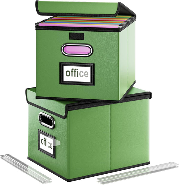 Huolewa Portable Leather File Organizer Boxes, Collapsible Document Storage with Lids for Letter/Legal Files