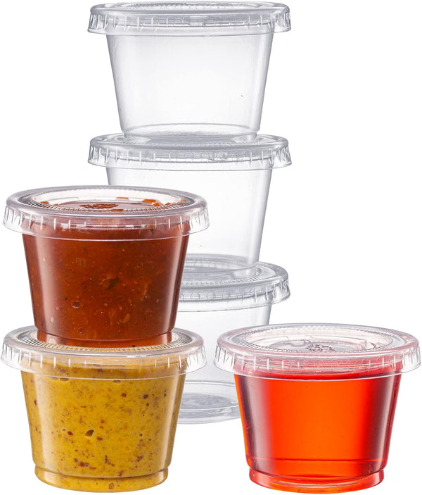 Pantry Value 100 Count Clear Disposable Plastic Portion Cups with Lids, Small Containers for Sauce