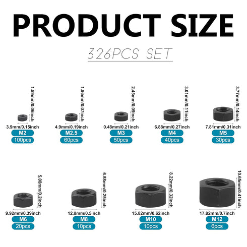NINDEJIN 326 M2 M2.5 M3 M4 M5 M6 M8 M10 M12 Set 9 pcs Metric Black Hex Nuts Assortment Kit Assorted Metric Hardware