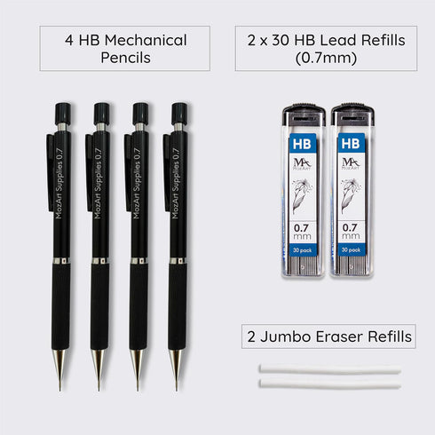 MozArt Mechanical Pencil 0.7mm Set with Case - With 2 x 30 HB Lead Refills, Eraser Pen With Refills -Sketch, Architecture, Drafting, Art, Drawing Supplies, Metal Mechanical Pencils by MozArt Supplies