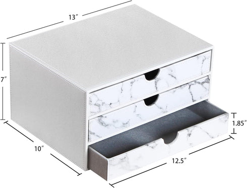 Leather Desk Organizer with 3 Drawers, Executive Office Supplies Desktop Filing Cabinet for Documents, White