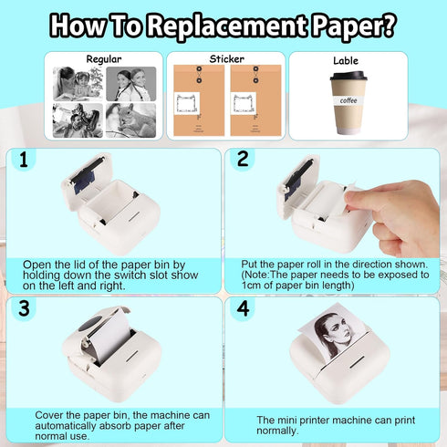 HuiJuKeJi Mini Sticker Printer, Bluetooth Smart Pocket Inkless Thermal Printer with 11 Rolls Thermal Paper for iOS &