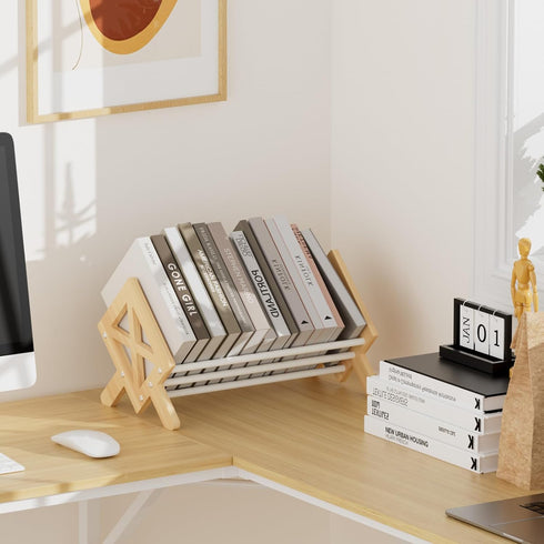 Wood Desktop Bookshelf Organizer - Tilting Bookcase for Books/CDs/Magazine Display, Office Tabletop Storage Rack (White)