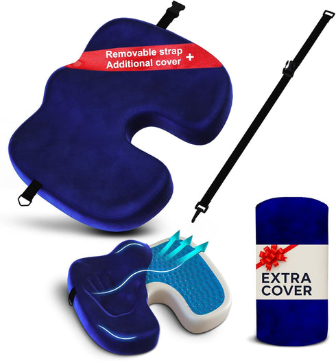 Gel Seat Cushion Navy Blue Flannel Pillow with Velvet Removable Cover Ergonomic