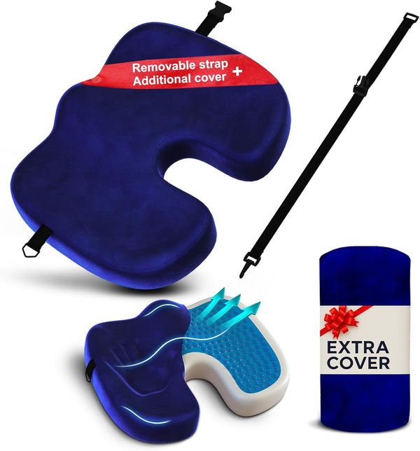 Gel Seat Cushion Navy Blue Flannel Pillow with Velvet Removable Cover Ergonomic
