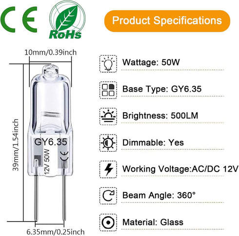 GY6.35 Halogen Bulb 50W, 12 Pack Dimmable GY6.35 Light Bulb Q50/CL/GY6/12V/T3/T4 JC Type GY6.35/G6.35 Bi-pin Base AC/DC 12V Warm White 2700K Single Ended Capsule Light Bulbs by Lacnooe