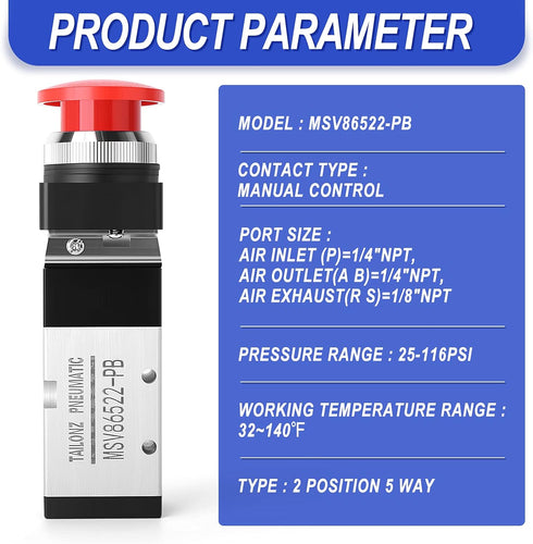 TAILONZ PNEUMATIC 1/4”NPT Push Button 5 Way 2 Position Automatic Reset Pneumatic Control Mechanical Valve