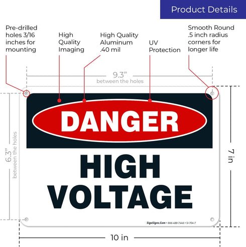 High Voltage Sign, Danger 10x7 Inches, Rust Free .040 Aluminum, Fade Resistant, Made in the USA