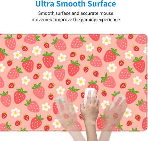 Pink Strawberry and White Flower Gaming Mouse Pad, Extended Large 31.5 x 11.8 Inch