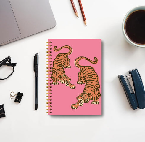 Trendy Preppy Hot Pink Tiger Notebook Journal - Pink Aesthetic Notebooks, Pink Composition Notebook, Pink Office Supplies, Pink Desk Accessories for Women Office, Spiral Notebook 5.5x8.3