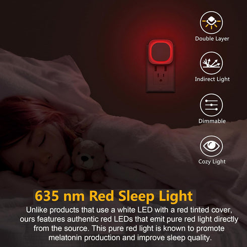 YUNLEX 4 Pack 0% 3-Level Red Night Light with Dusk to Dawn Sensor, Eye-Care Reflected Glow, Blue Light True Red LED