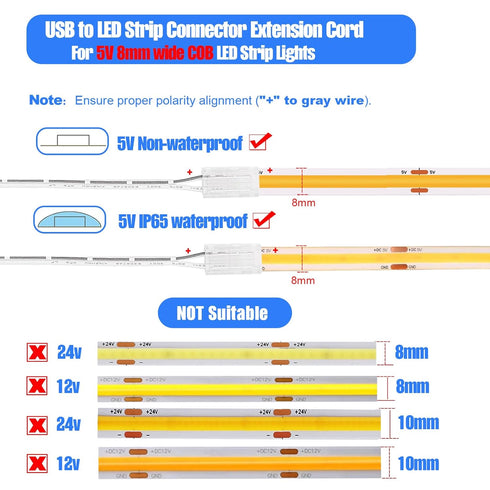 1.64 5v 2Pin 8mm 3-Pack, USB to COB LED Strip Light Solderless Connectors, ft Plug-and-Play USB Power Extension Cable