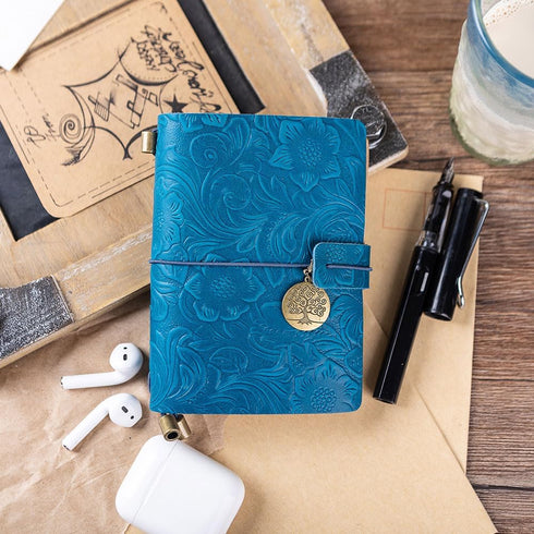 Refillable Leather Journal, Handmade Blue Notebook with Bookmark, Vintage Sketchbook for Writing and Travel