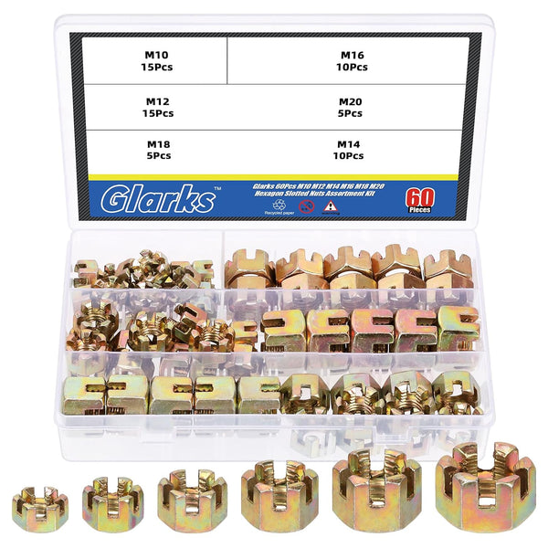 Glarks 60Pcs M10 M12 M14 M16 M18 M20 Hexagon Slotted Nuts Assortment Kit,