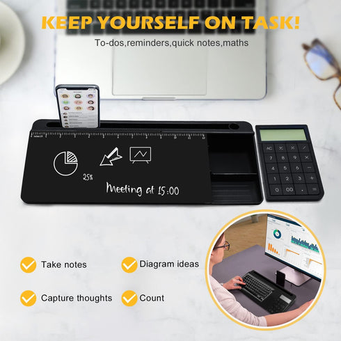 Desktop Glass Whiteboard with Calculator, Black Dry Erase Board Surface, Desk Organizers with Accessories