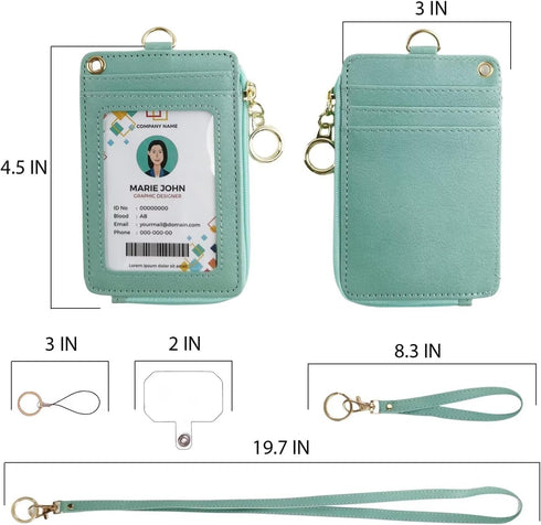 ID Badge Holder with Lanyard Wallet, PU Leather ID Badge Card Holder with 1 Clear ID Window, 4 Credit Card Slots, 1 Cash Coin Slot and Neck Lanyard,Phone Holder, Ring Key Chain (Green) by bolimoss
