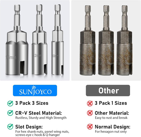 3Pcs Power Wing Nut Driver Set, SUNJOYCO 1/4" Hex Shank Slot Wing Nuts Bolt Driver Hook Drill Bit Socket Wrenches