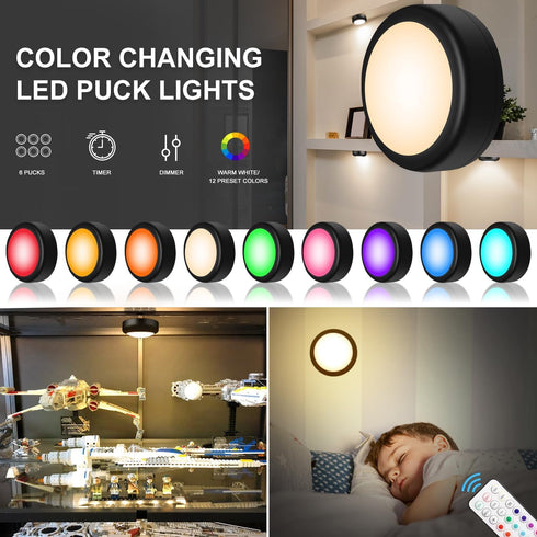 Closet 13 Dimmer, 6 Pack BLS LED Puck Lights with Remote Control, Wireless Under Cabinet & Lighting, RGB Color Changing