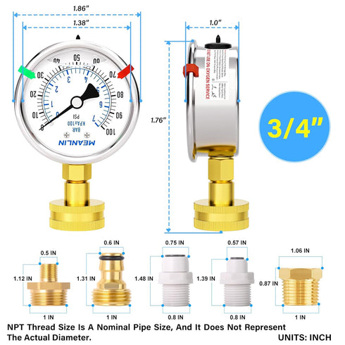 MEANLIN MEASURE 0~100Psi Stainless Steel Frame 3/4" Female Liquid Filled Pressure Gauge Kit with 5 Adapters, 2.5" FACE