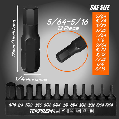 TEKPREM 24-Piece Metric & SAE Hex Bit Set with Magnetic 1/4" Screwdriver Bit Driver and Storage Box