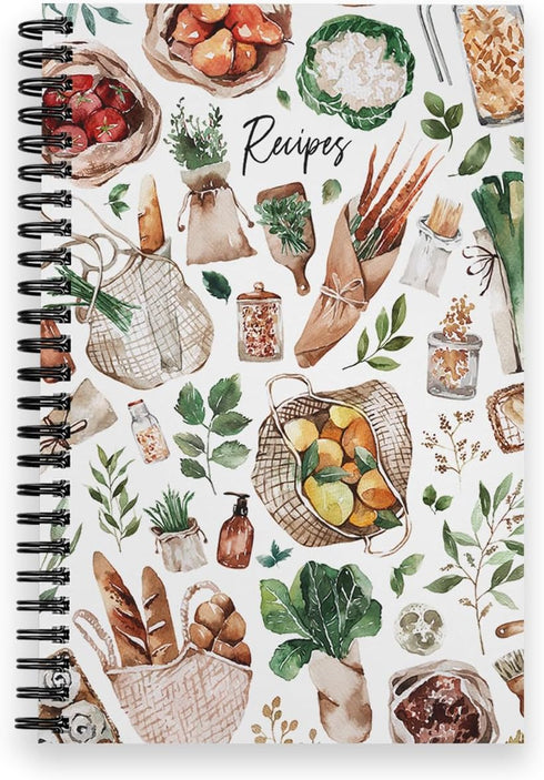Boho Farmer's Market Notebook, 5.5" x 8.5" Spiral Watercolor Cookbook, 120 Recipe Pages, Durable Twin Loop Cover