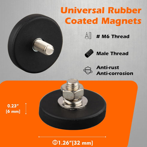 4Pack M6 Studs,24lbs MUTUACTOR Strong Neodymium Rubber Coated Magnets with Threaded Anti-Slip Magnetic Mount Heavy Duty