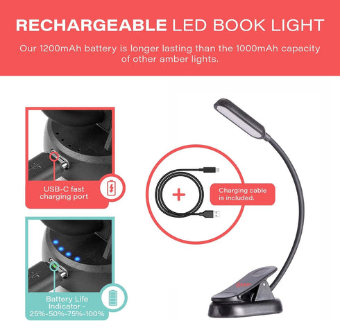 Dimming, 1600K 625nm hooga Amber Book Light Blue Light Blocking Reading Light for Bed, Stepless Rechargeable Clip-On