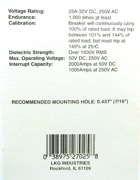 Philmore 25 Amp Push Button Manual Reset Thermal Circuit Breaker 50V DC, 250V AC