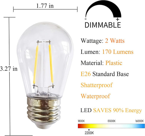 S14 Clear String Light Bulbs, 2W Plastic LED Replacement Bulbs for Outdoor Patio String Lights with E26 Base, Pack of 25 by Rolay