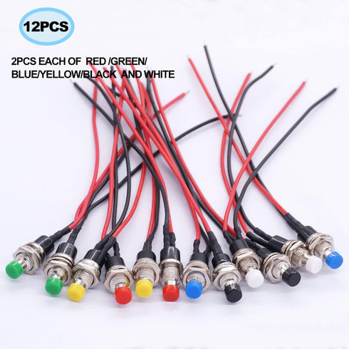Twidec 12PCS Momentary Push Button Switch, 2 Pins ON/Off SPST with Pre-soldered Wires, 6 Colors