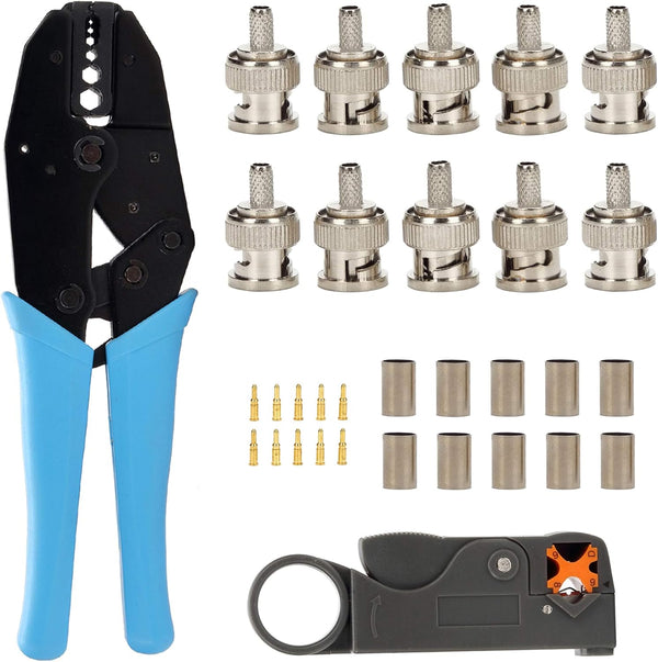 BNC RG58 Plug Crimp Connector and Striping Crimp Tool for RG58 RG59, Pack of 10