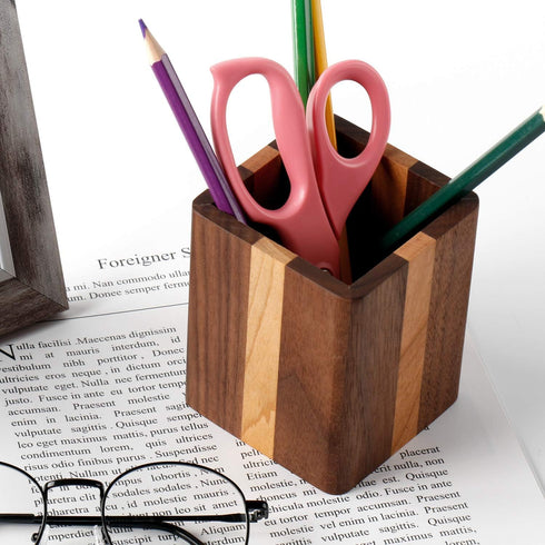 Walnut Pencil Holder, Wood Pen Cup Organizer for Desk, Simple Design (Cherry Center, Walnut Side)