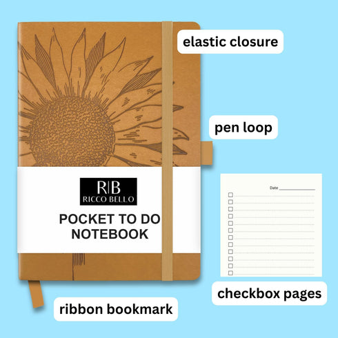 RICCO BELLO Hardcover Pocket to Do List, Undated Faux Leather Notebook with Pen Holder (4.25 x 6 inches, Sunflower)
