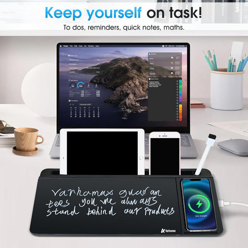 Varhomax Black Glass Desk Whiteboard with Wireless Charger, Desktop Dry Erase Board, Memo Notepad for Home Office
