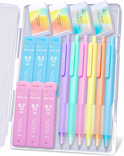 Mechanical Pencil Set, 6 Pcs Pastel 0.7mm & 0.5mm with 6 Tubes of HB Lead Refill and 4 Erasers