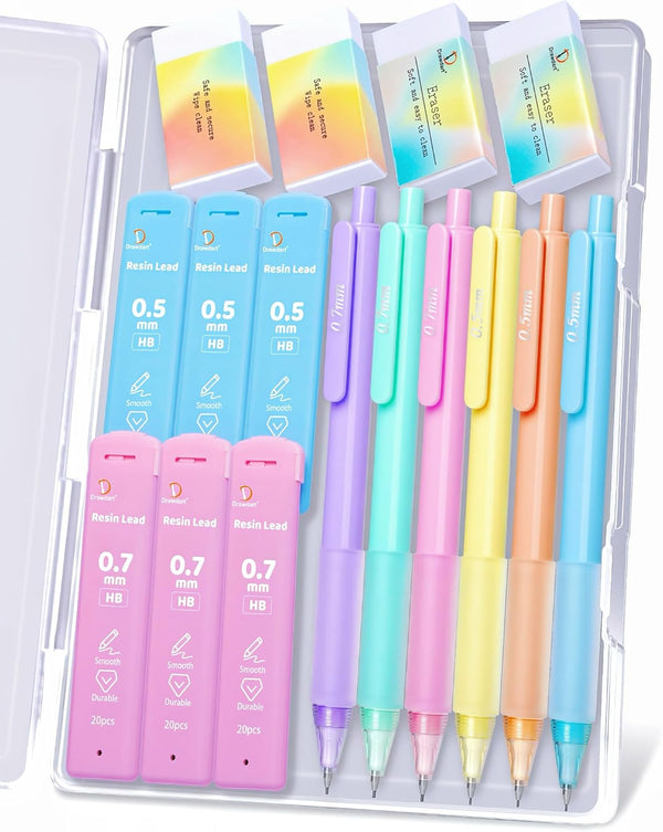 Mechanical Pencil Set, 6 Pcs Pastel 0.7mm & 0.5mm with 6 Tubes of HB Lead Refill and 4 Erasers