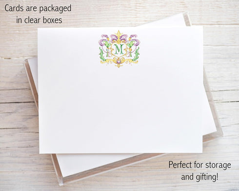 Designing Moments Monogrammed 25-16 Custom Mardi Crest Monogram Flat Cards, Watercolor Mardi Gras Green and Purple