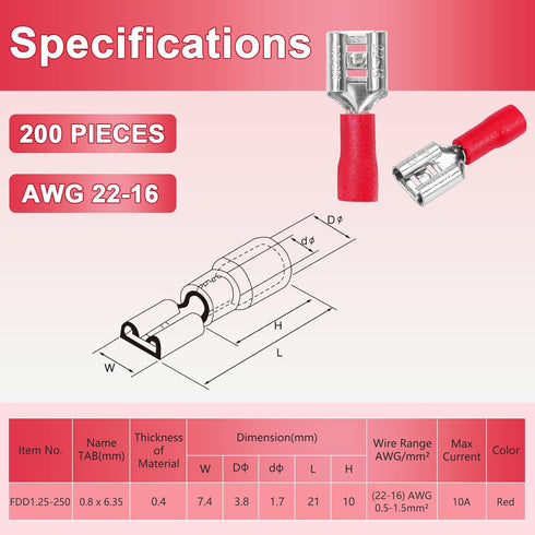 200 Pcs Red Female Quick disconnects Vinyl Insulated Spade Wire Connectors, Electrical Crimp Terminal 22-16 AWG (6.3mm)